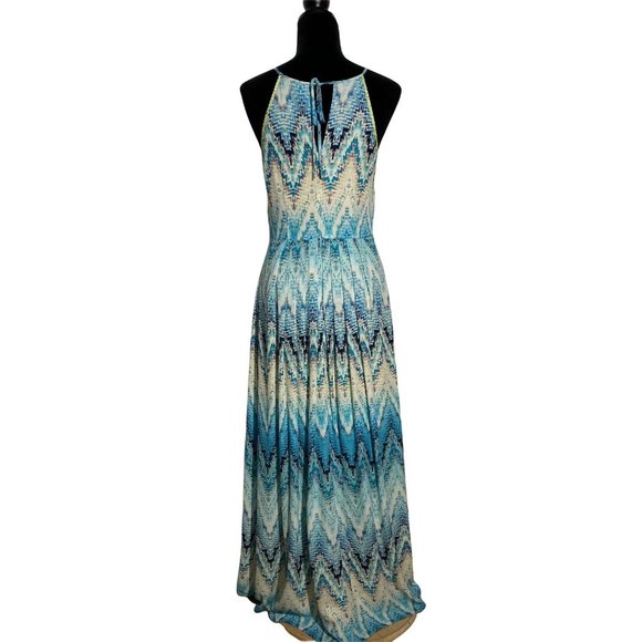 Kenji 6 Maxi Dress Watercolor Chevron Blue Ivory Multicolor Embrioider Trim Cute - Picture 4 of 9